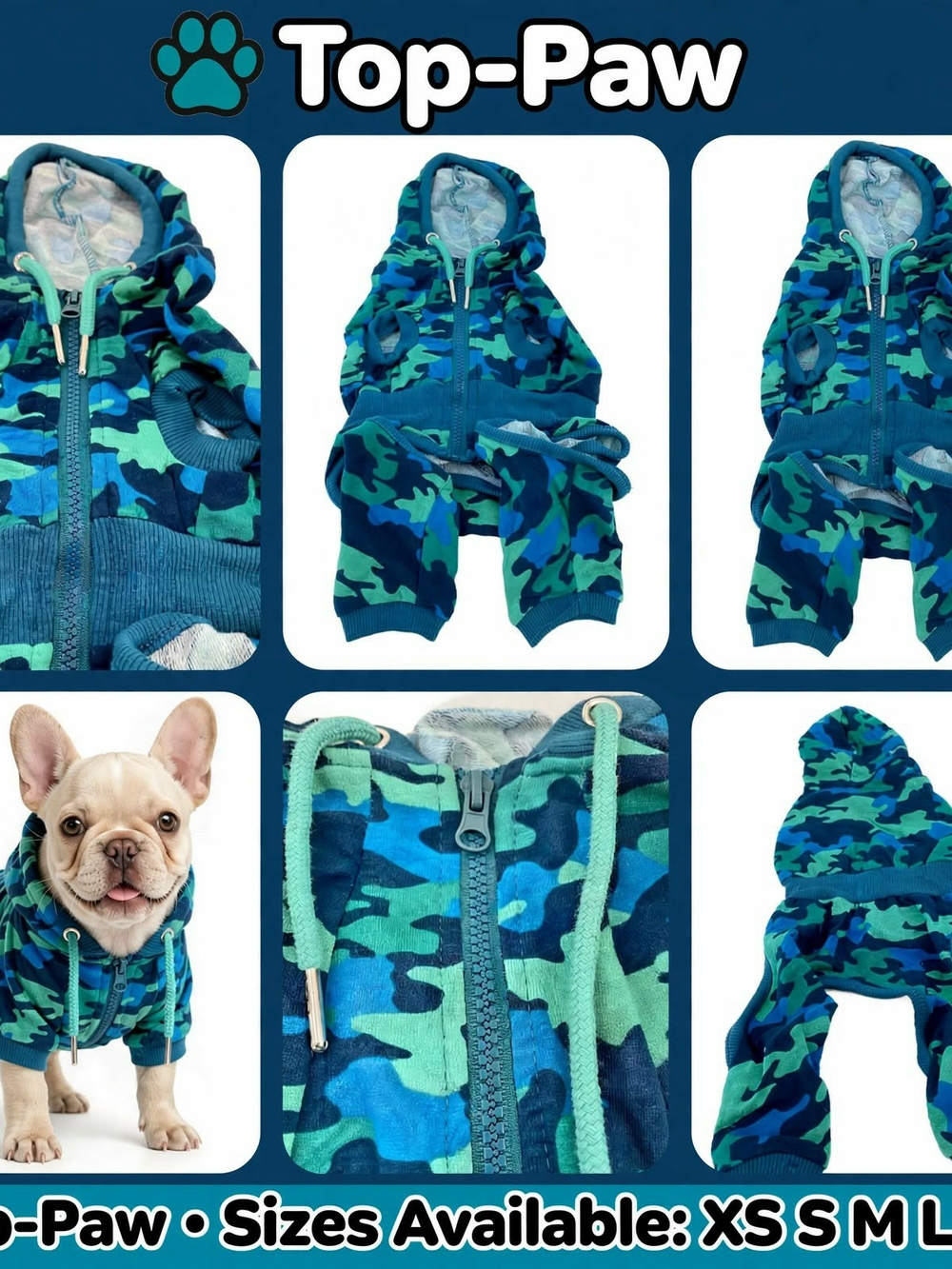 Top Paw Blue & Green Camo Dog Hoodie Jumpsuit Xs-XL